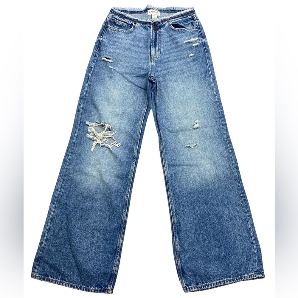 Arizona Jean Co Blue Flare Wide Leg Denim Jeans Fringe Waist Size 1